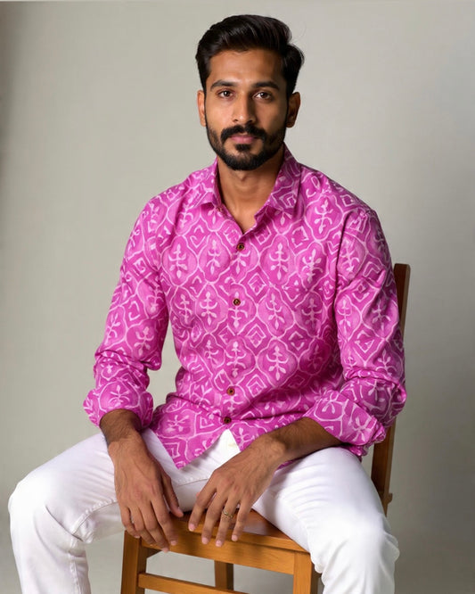 Bagru Block Print Pure Cotton Shirt For Men (PINK)