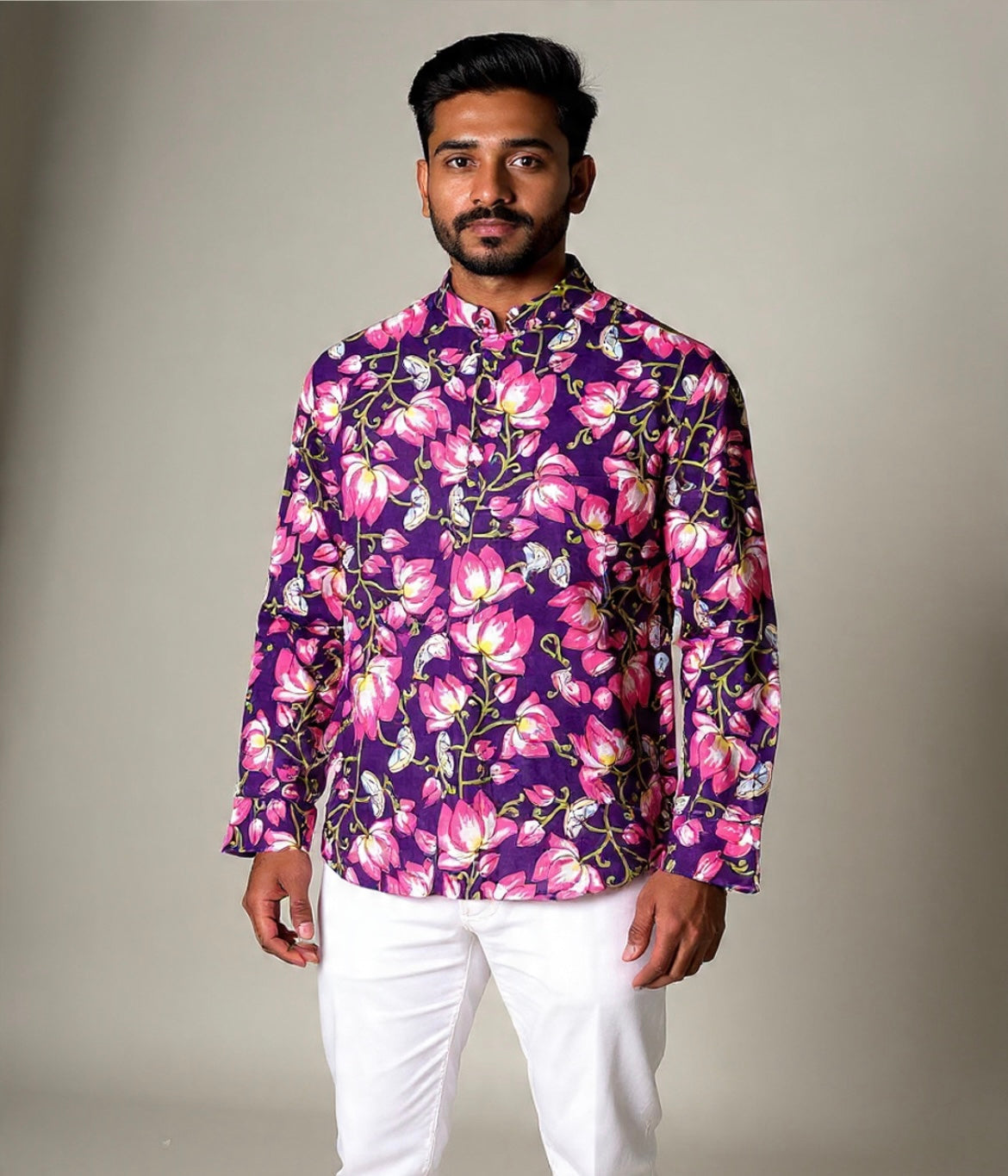 Lotus Printed Pure Cotton Short Kurta For Man (PURPLE)