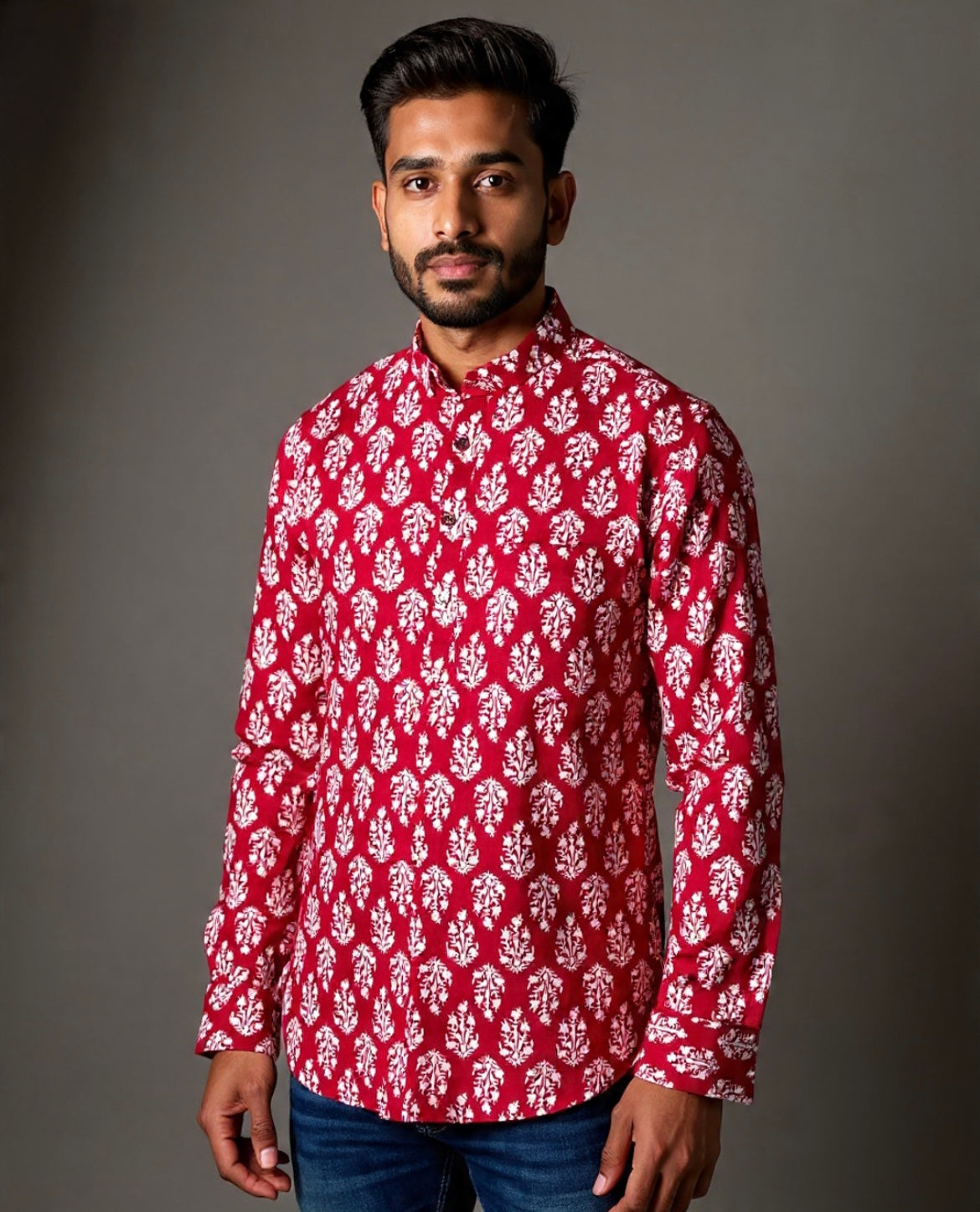 Sanganeri Motifs Printed Short Kurta for Men (RED)