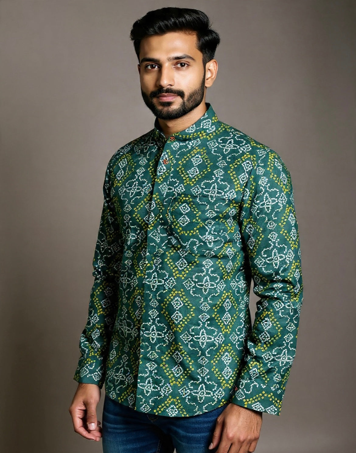 Sanganeri Printed Pure Cotton Short Kurta For Men (DARK GREEN)