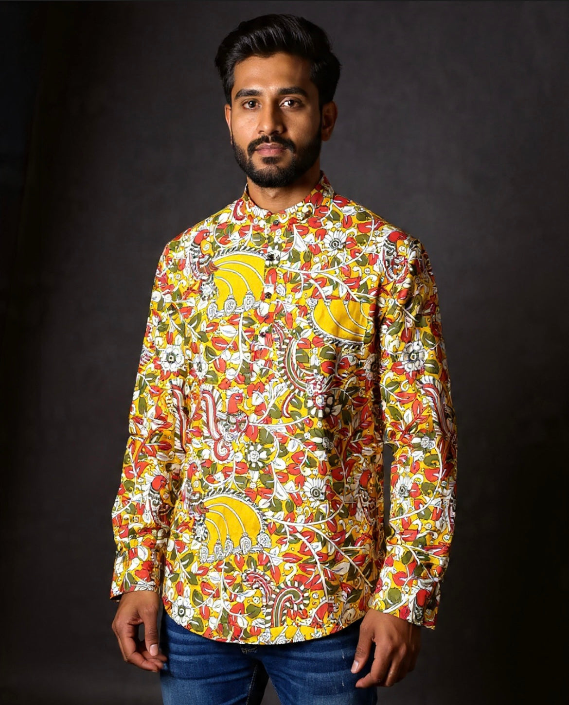 Kalamkari Printed Short Kurta for Men (YELLOW)