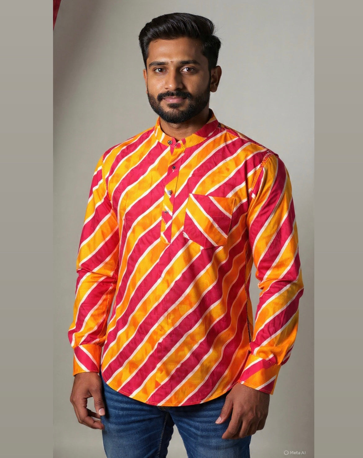 Lehariya Printed Short Kurta for Men (RED ORANGE)