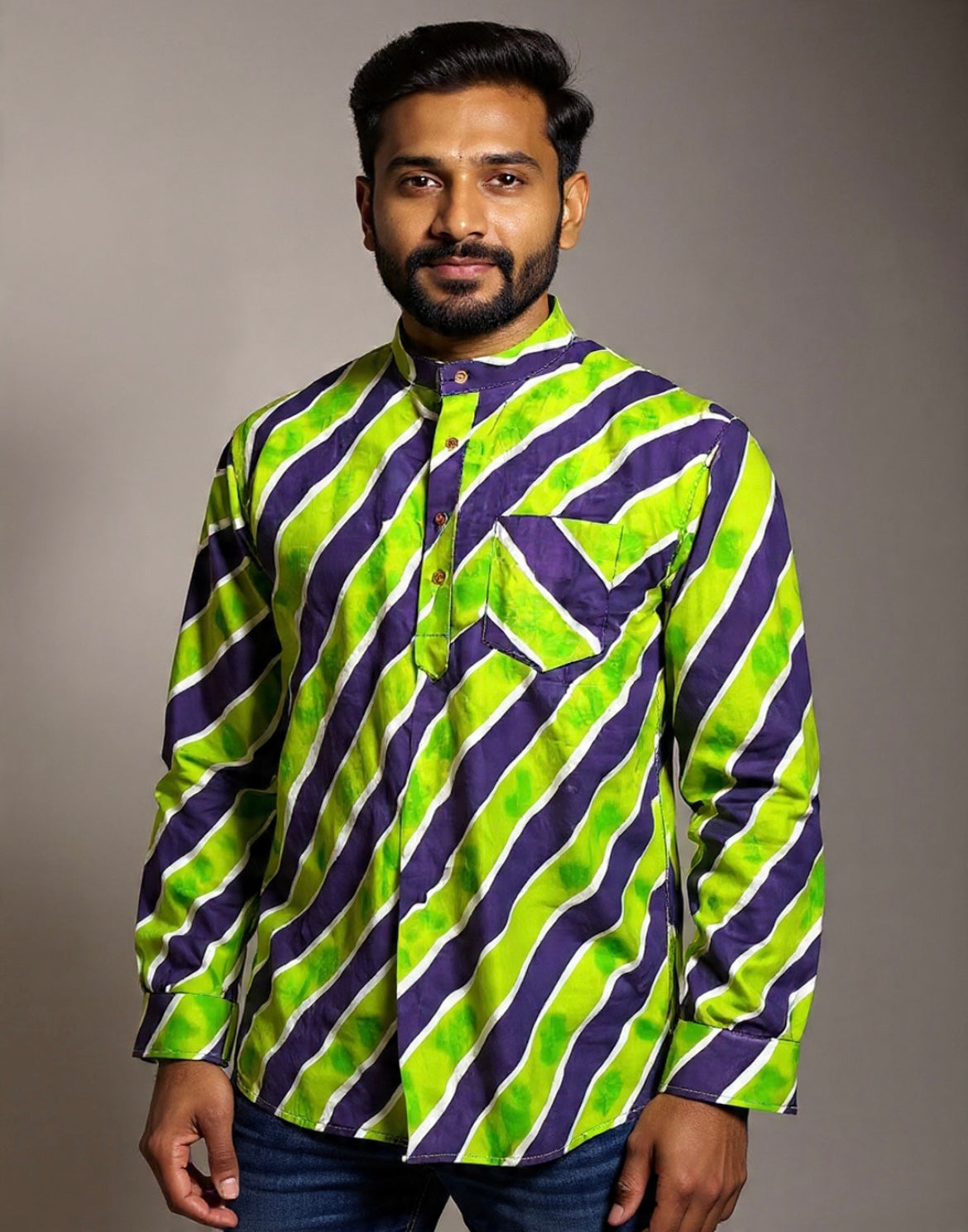 Lehariya Printed Short Kurta for Men (GREEN PURPLE)