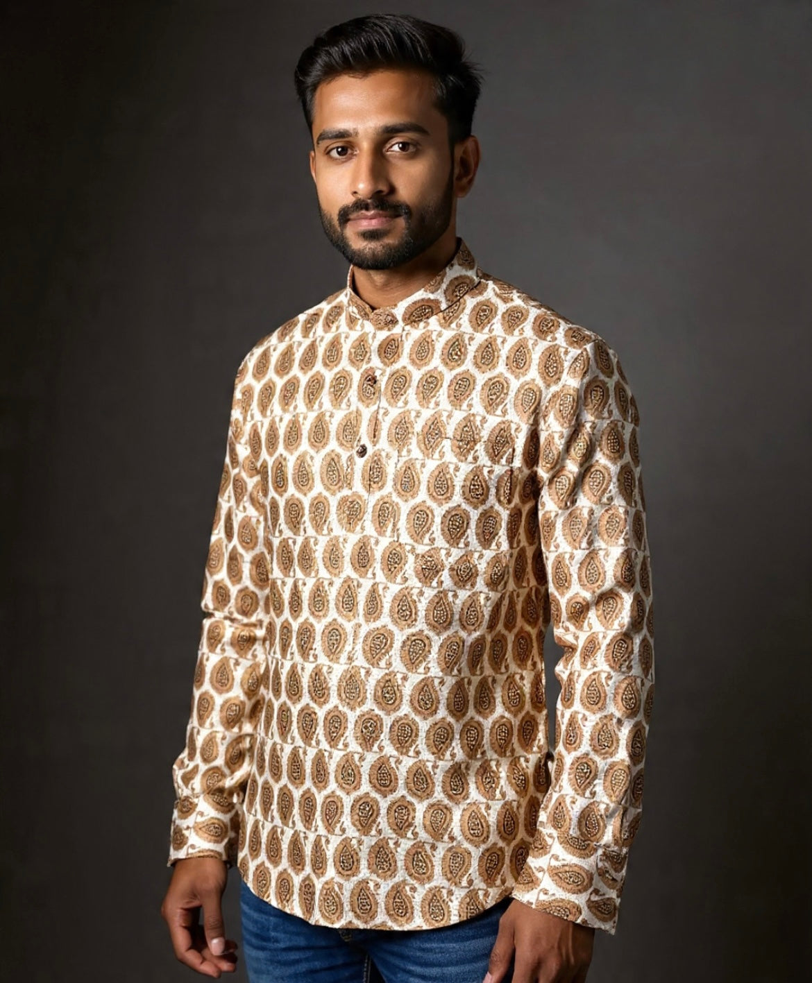 Sanganeri Motifs Printed Short Kurta for Men (BEIGE)
