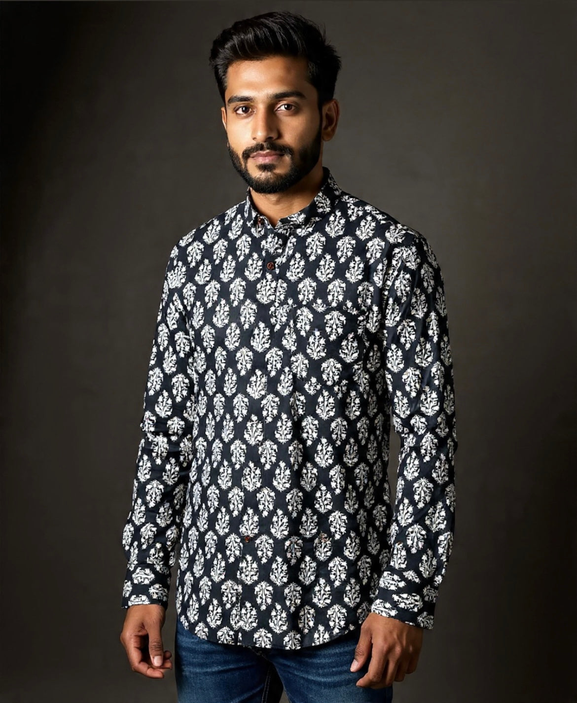 Sanganeri Motifs Printed Short Kurta for Men (BLACK)
