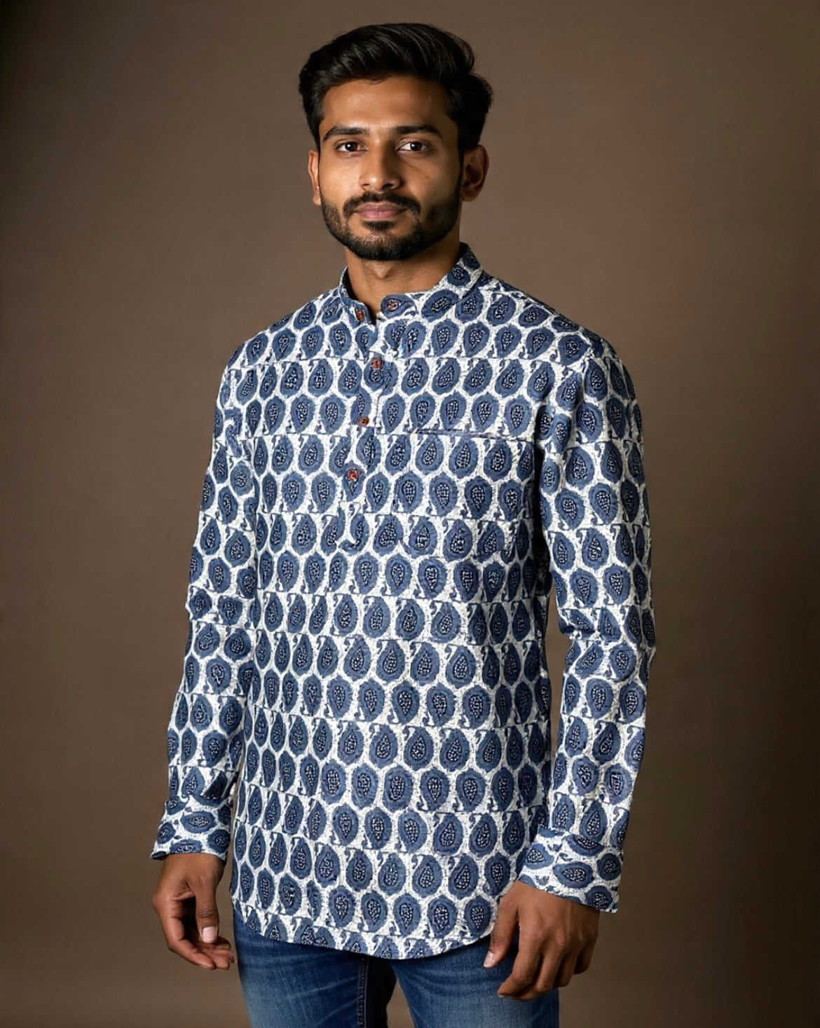 Sanganeri Motifs Printed Short Kurta for Men (BLUE)