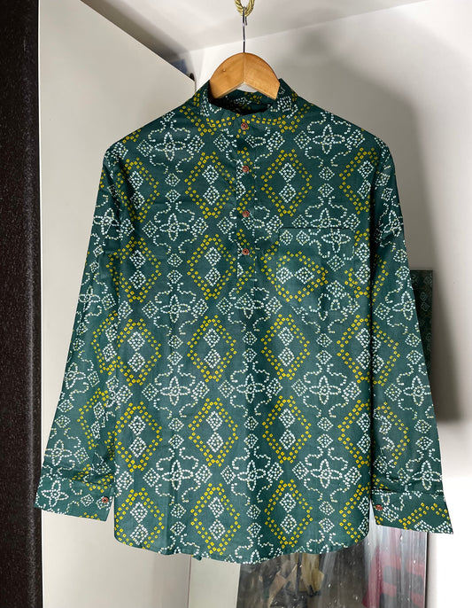 Sanganeri Printed Pure Cotton Short Kurta For Men (DARK GREEN)