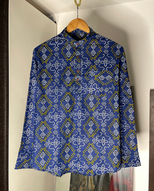 Sanganeri Printed Pure Cotton Short Kurta For Men (DARK BLUE)
