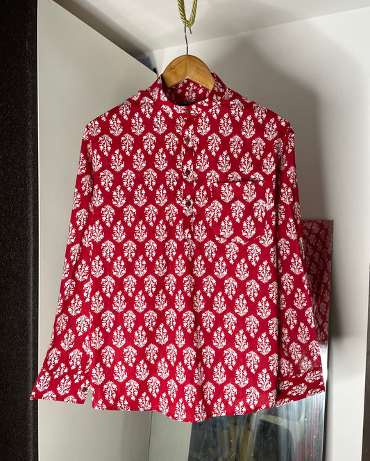 Sanganeri Motifs Printed Short Kurta for Men (RED)