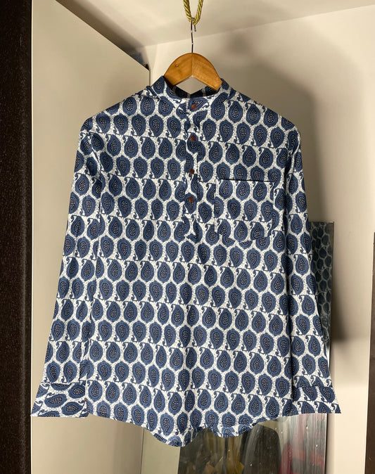Sanganeri Motifs Printed Short Kurta for Men (BLUE)