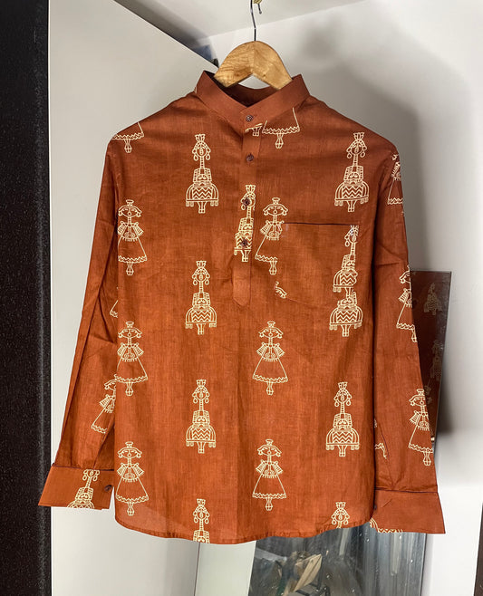 Sanganeri Printed Pure Cotton Short Kurta For Man (BROWN)