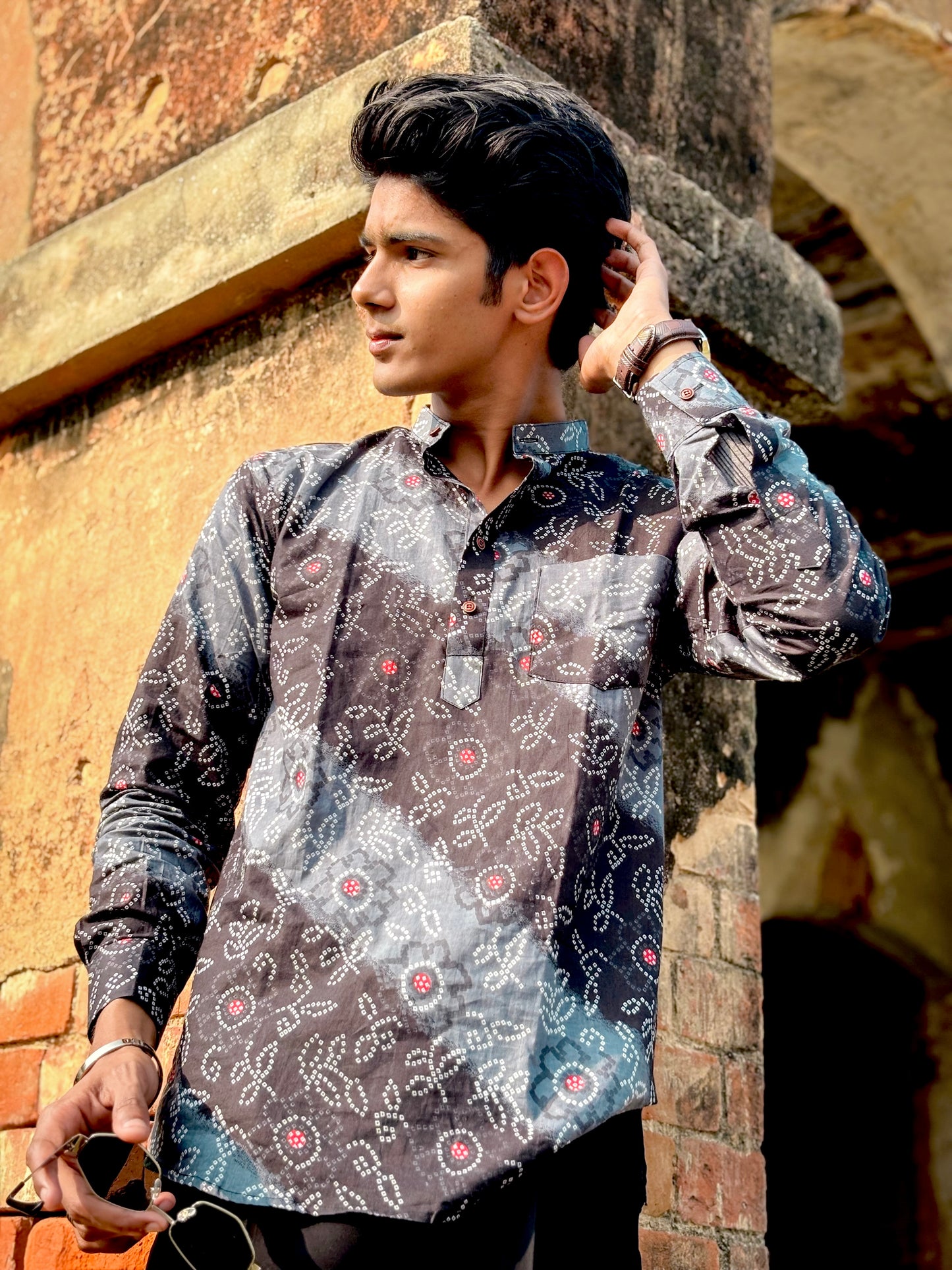 Sanganeri Printed Pure Cotton Short Kurta For Men (BLACK)