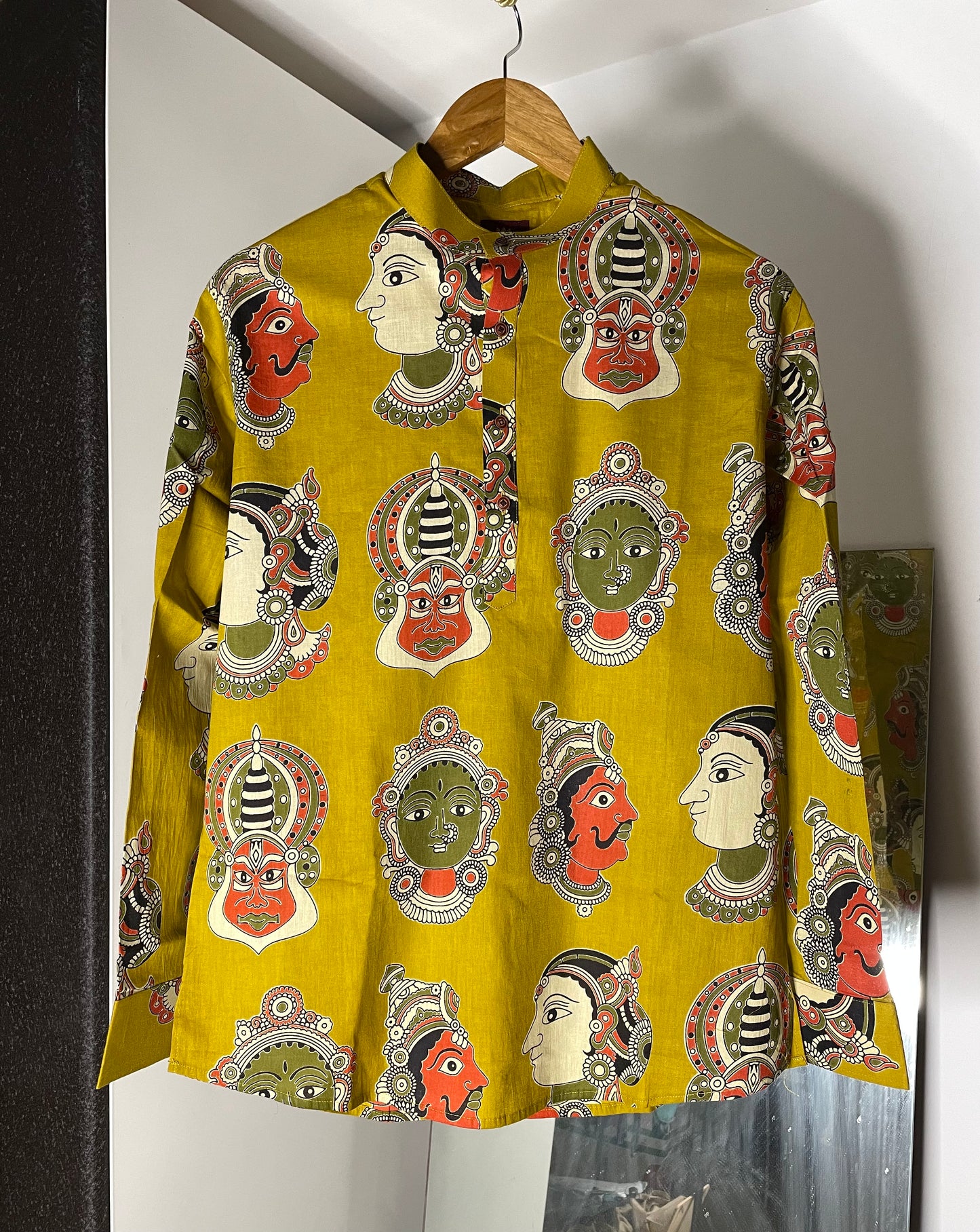 Kalamkari Printed Short Kurta for Men (MUSTURD YELLOW)