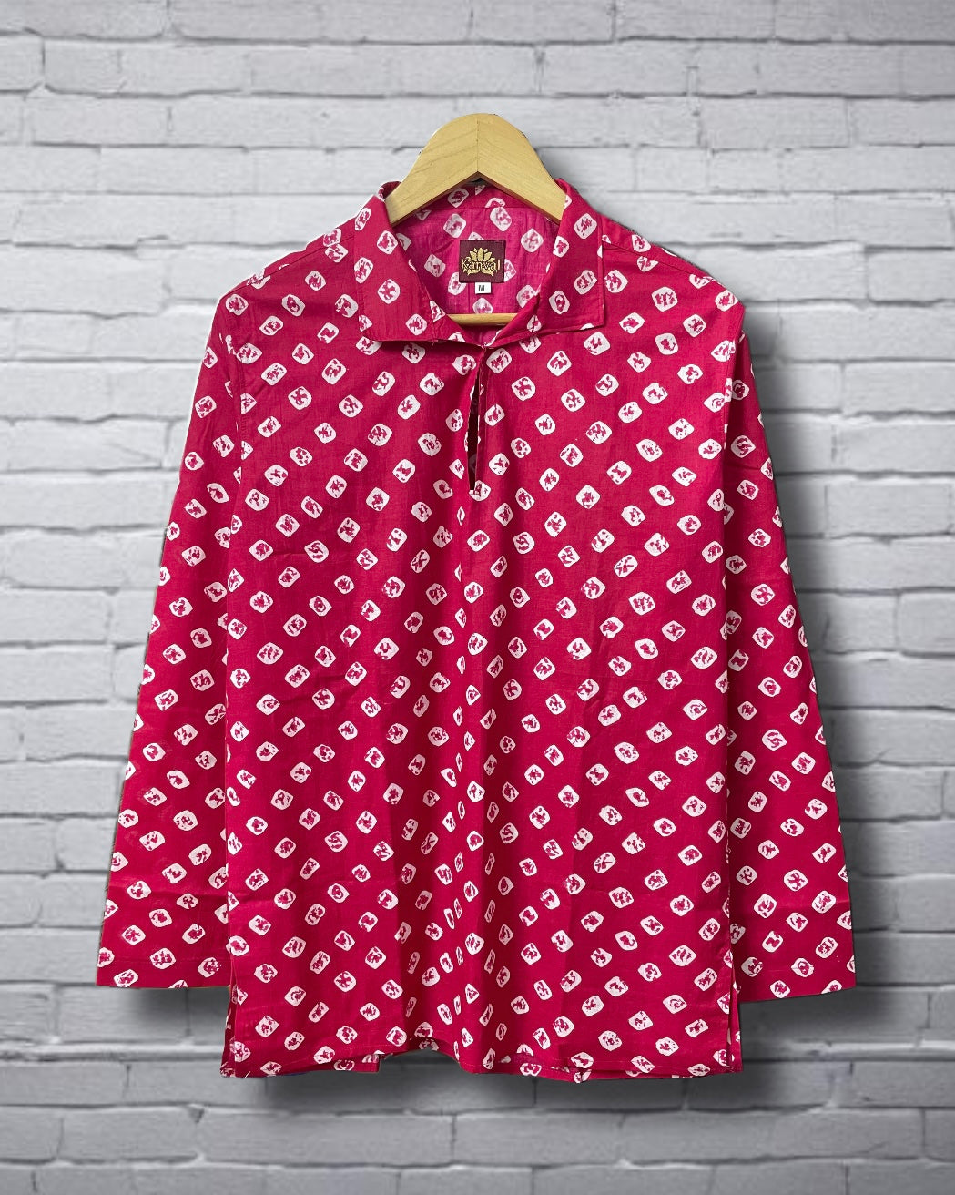 Bandhani Printed Pure Cotton Short Kurta For Men (RUBY RED)
