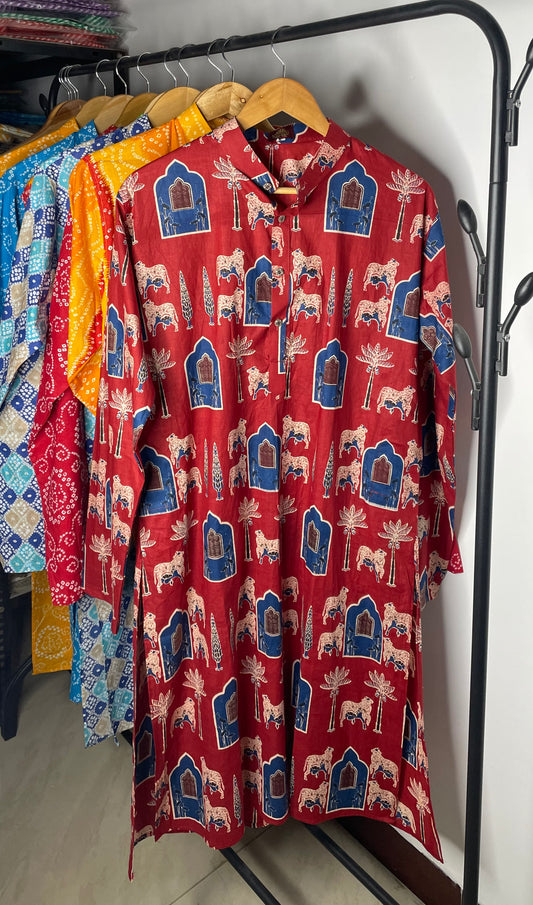 Sanganeri Printed Knee-Length Pure Cotton Kurta for Men (PICHWAI)