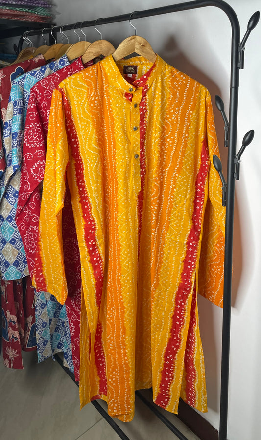 Sanganeri Printed Knee-Length Pure Cotton Kurta for Men (YELLOW/RED)