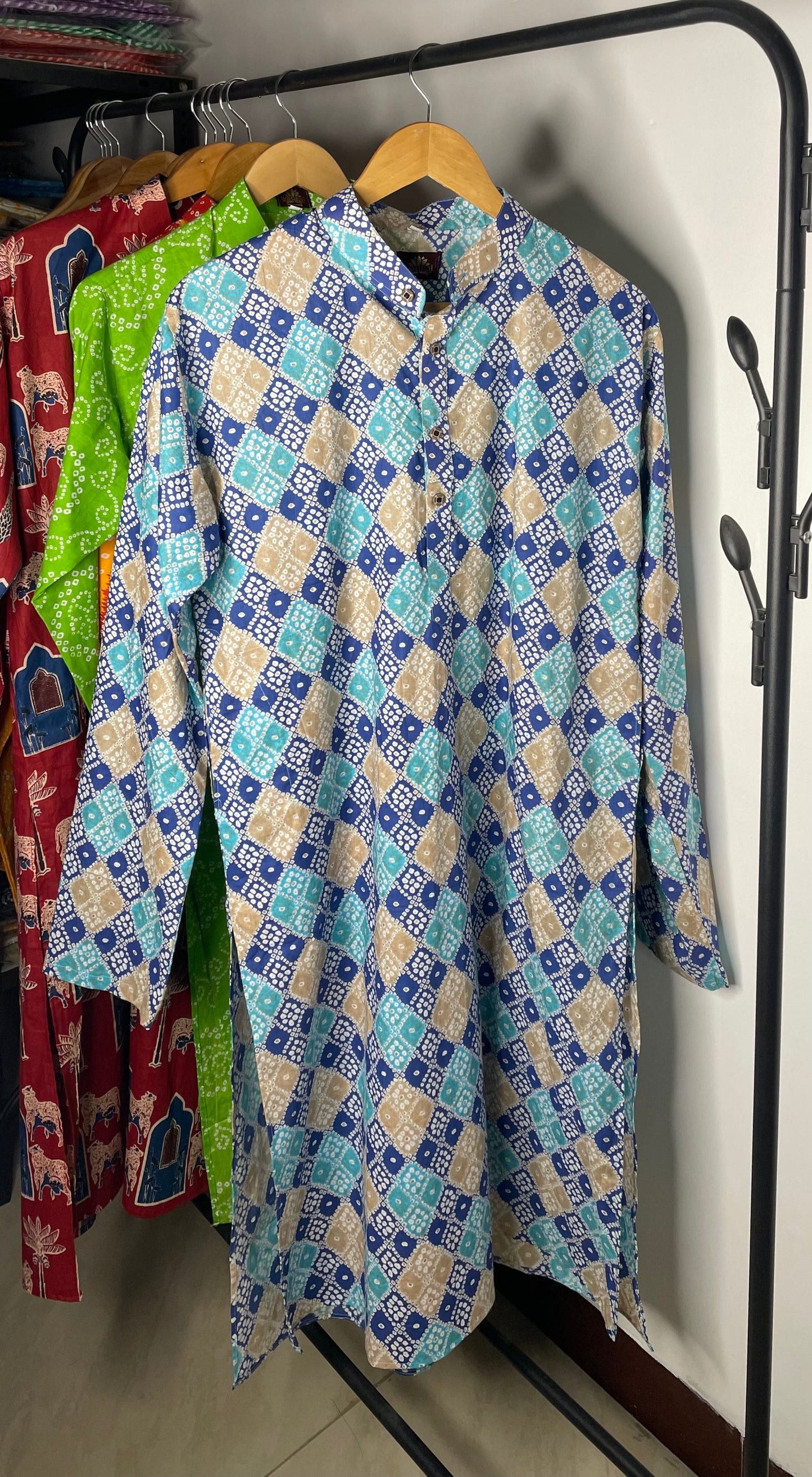 Sanganeri Printed Knee-Length Pure Cotton Kurta for Men (BLUE)