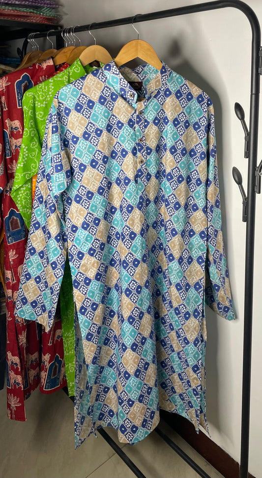 Sanganeri Printed Knee-Length Pure Cotton Kurta for Men (BLUE)