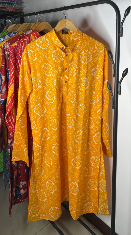 Sanganeri Printed Knee-Length Pure Cotton Kurta for Men (YELLOW)