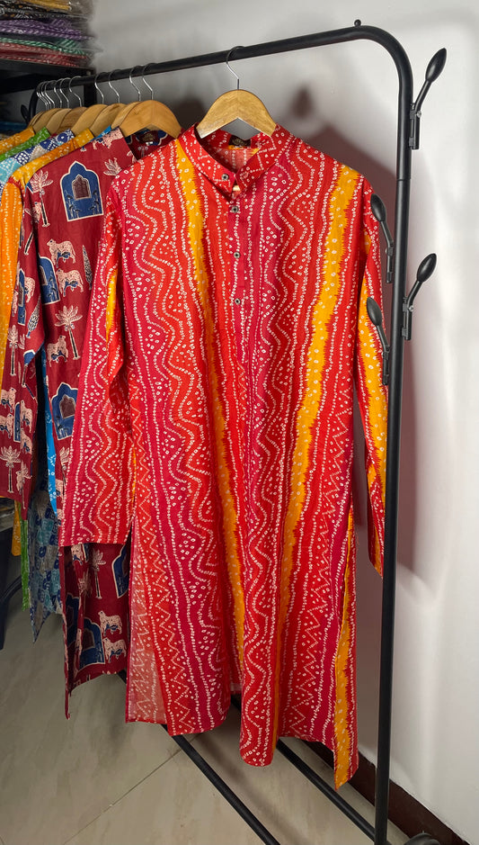 Sanganeri Printed Knee-Length Pure Cotton Kurta for Men (RED/YELLOW)