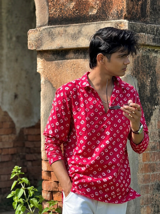 Bandhani Printed Pure Cotton Short Kurta For Men (RUBY RED)