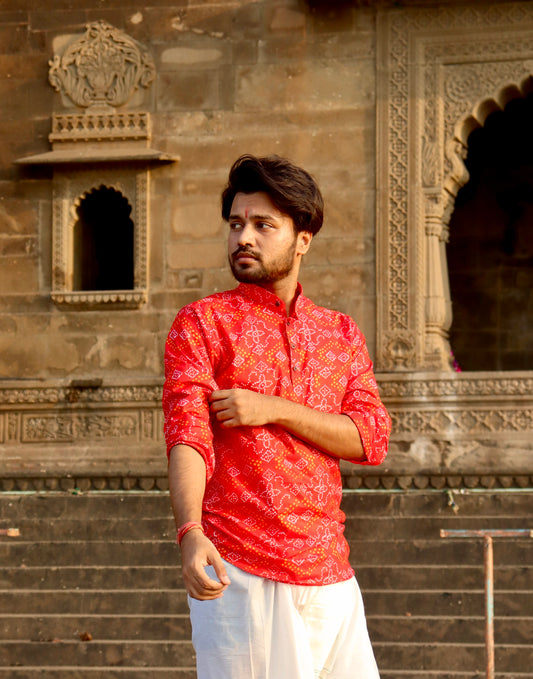 Sanganeri Printed Pure Cotton Short Kurta For Men (RED BANDHANI)