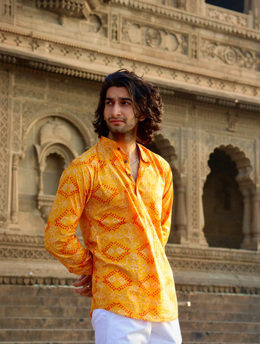 Sanganeri Printed Pure Cotton Short Kurta For Men (MUSTARD YELLOW BANDHANI)