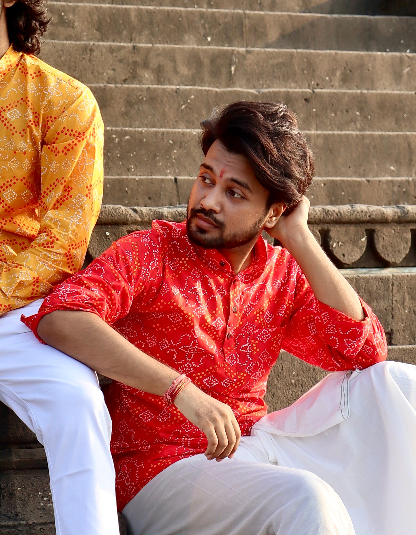Sanganeri Printed Pure Cotton Short Kurta For Men (RED BANDHANI)
