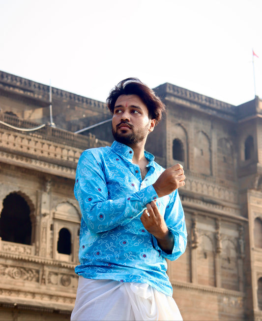 Sanganeri Printed Pure Cotton Short Kurta For Men (BLUE BANDHANI)