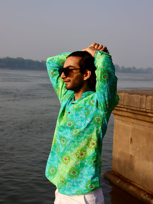 Sanganeri Printed Pure Cotton Short Kurta For Men (GREEN BANDHANI)