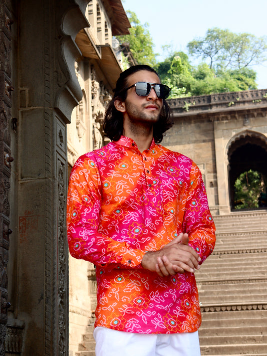 Sanganeri Printed Pure Cotton Short Kurta For Men (RED PINK BANDHANI)