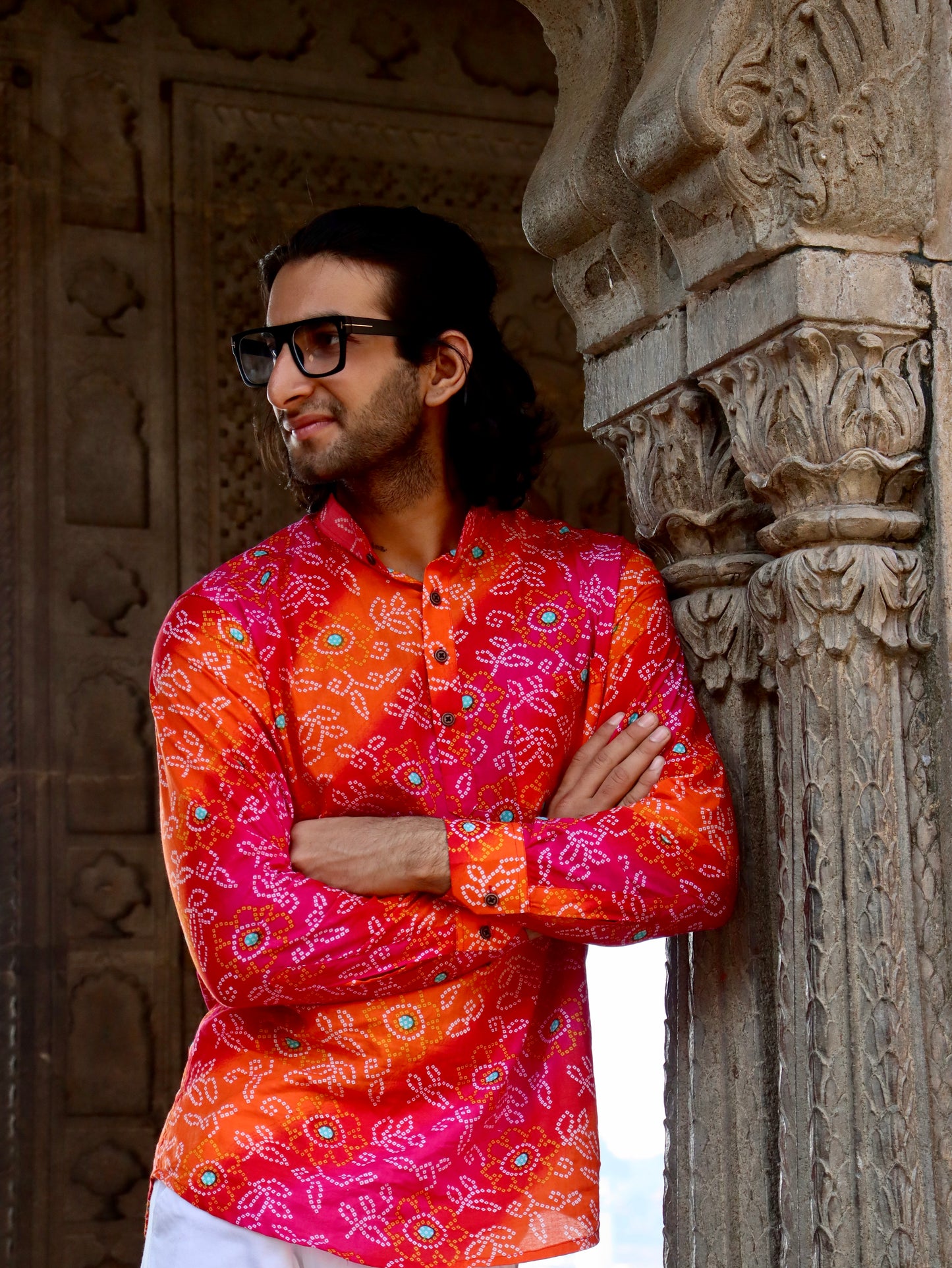 Sanganeri Printed Pure Cotton Short Kurta For Men (RED PINK BANDHANI)