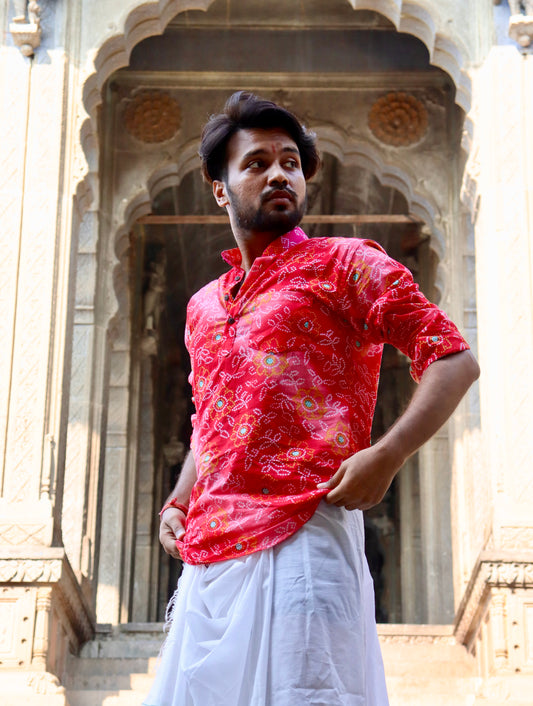 Sanganeri Printed Pure Cotton Short Kurta For Men (RED/WHITE BANDHANI)