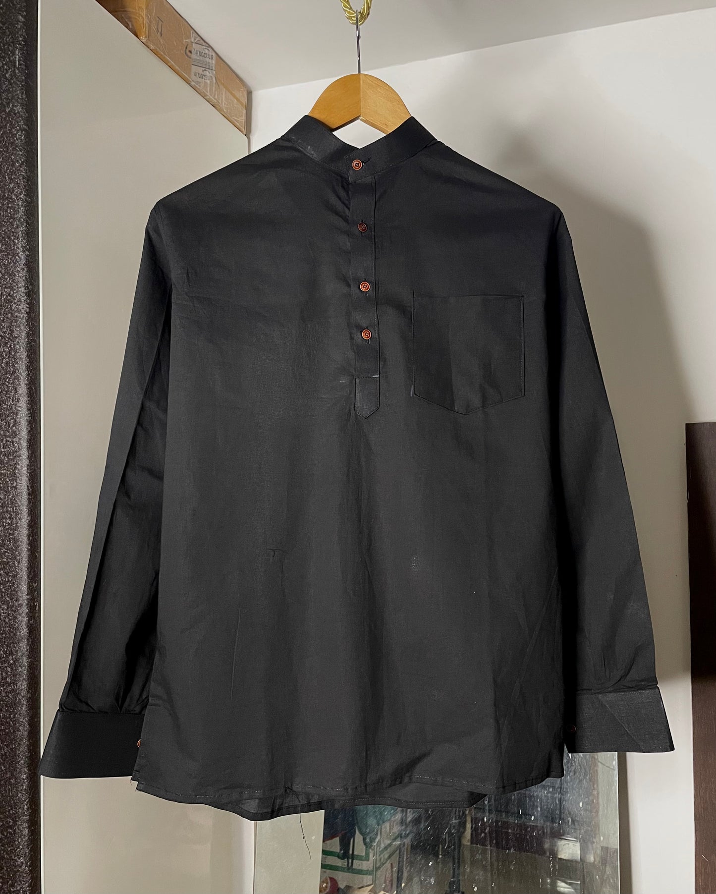 Plain Black Pure Cotton Short Kurta For Men
