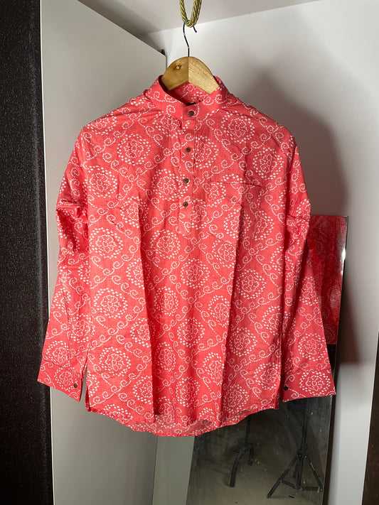 Bandhani Printed Short Kurta for Men (LIGHT PINK BANDHANI)