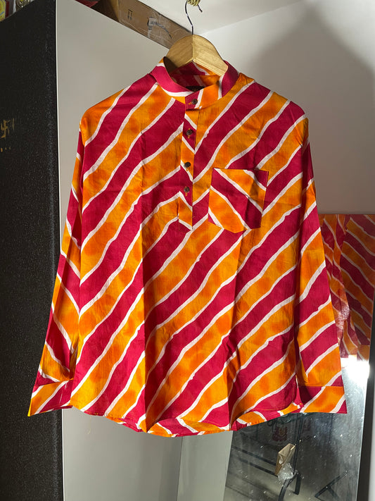 Lehariya Printed Short Kurta for Men (RED ORANGE)